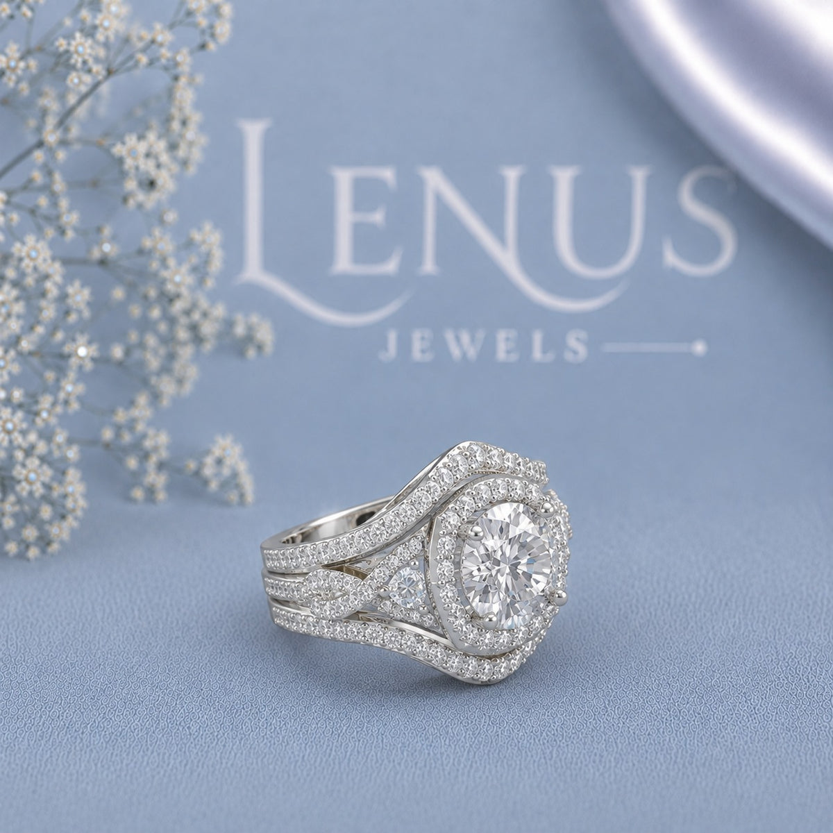 Round Moissanite Bridal Ri\ng Set – Halo Engagement Ring with Double Curved Wedding Bands in 925 Sterling Silver