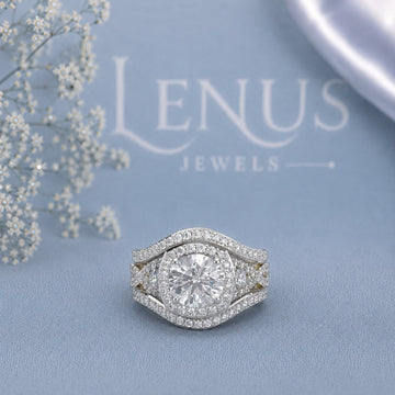 Round Moissanite Bridal Ri\ng Set – Halo Engagement Ring with Double Curved Wedding Bands in 925 Sterling Silver