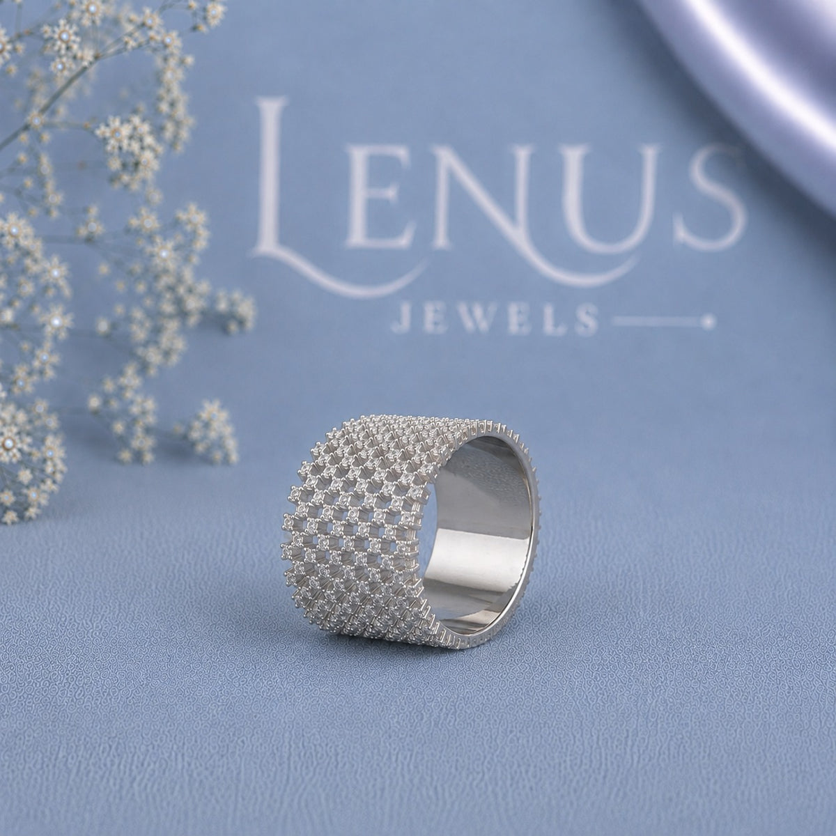 Iced-Out Moissanite Wide Band Ring – Checkerboard Grid 925 Sterling Silver Statement Ring