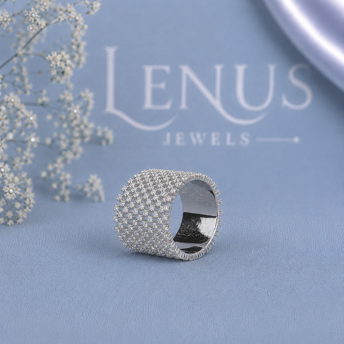 Iced-Out Moissanite Wide Band Ring – Checkerboard Grid 925 Sterling Silver Statement Ring