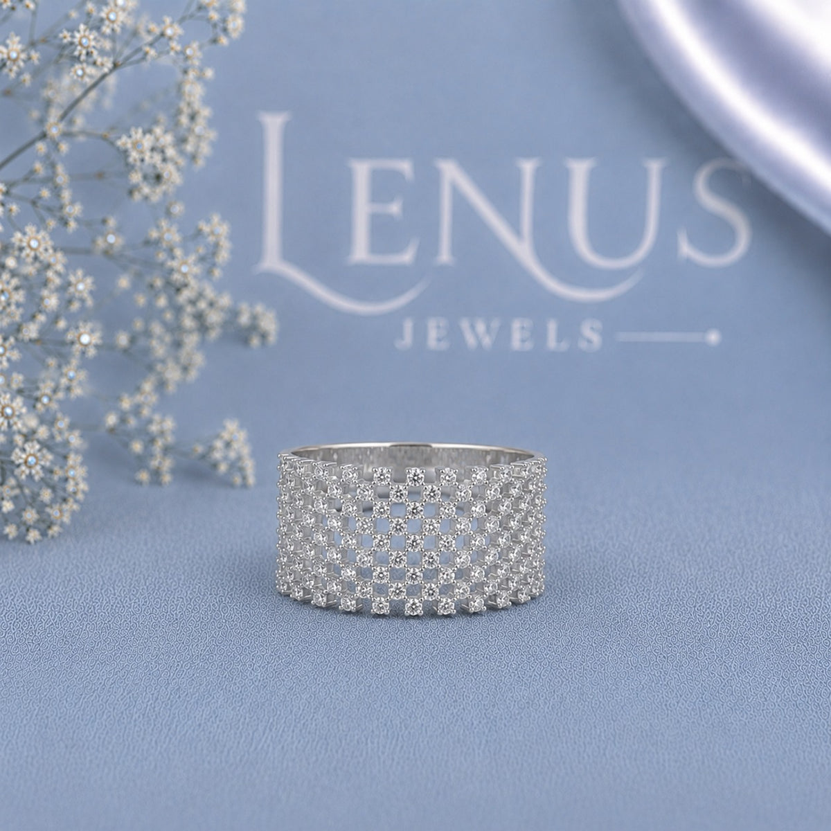 Iced-Out Moissanite Wide Band Ring – Checkerboard Grid 925 Sterling Silver Statement Ring