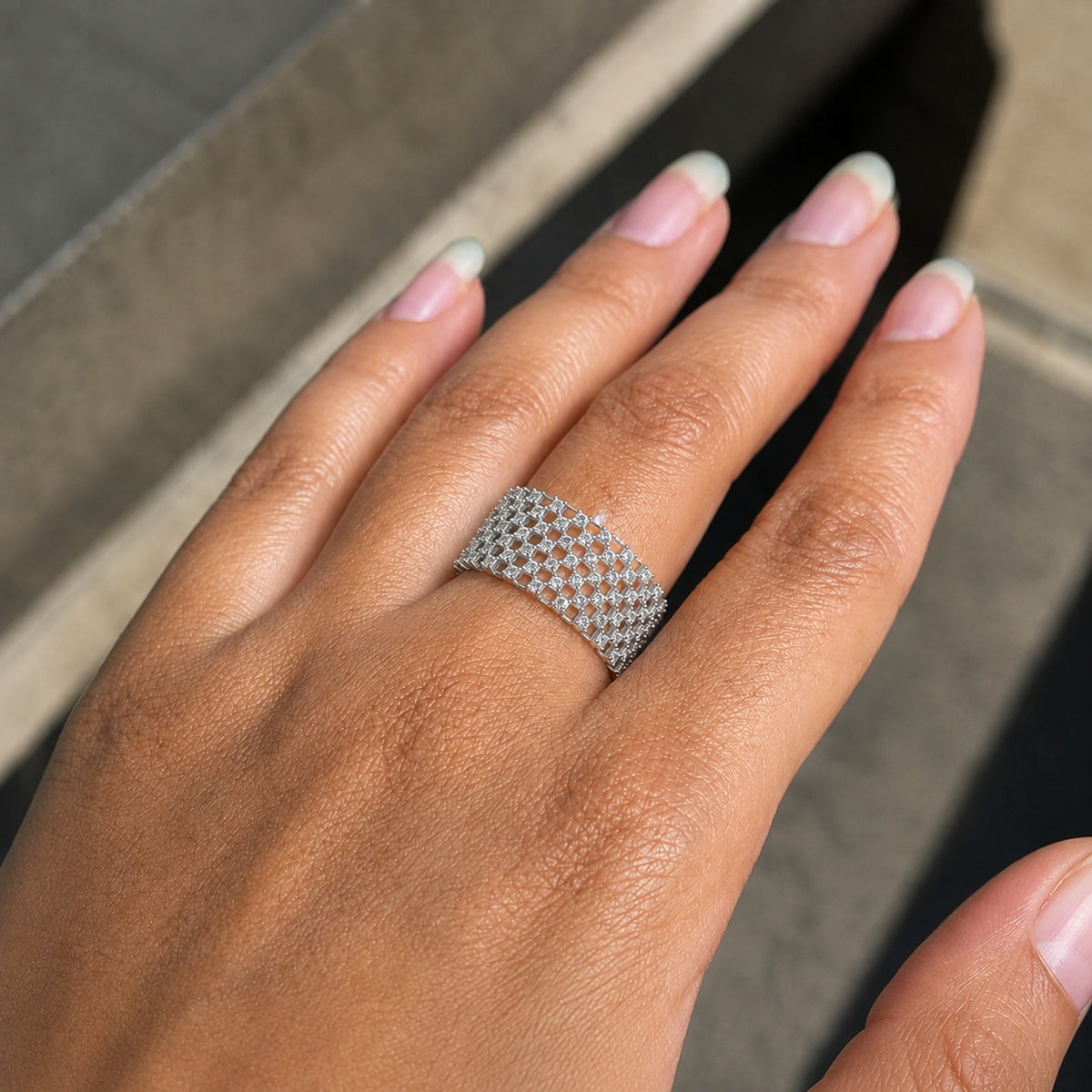 Iced-Out Moissanite Wide Band Ring – Checkerboard Grid 925 Sterling Silver Statement Ring