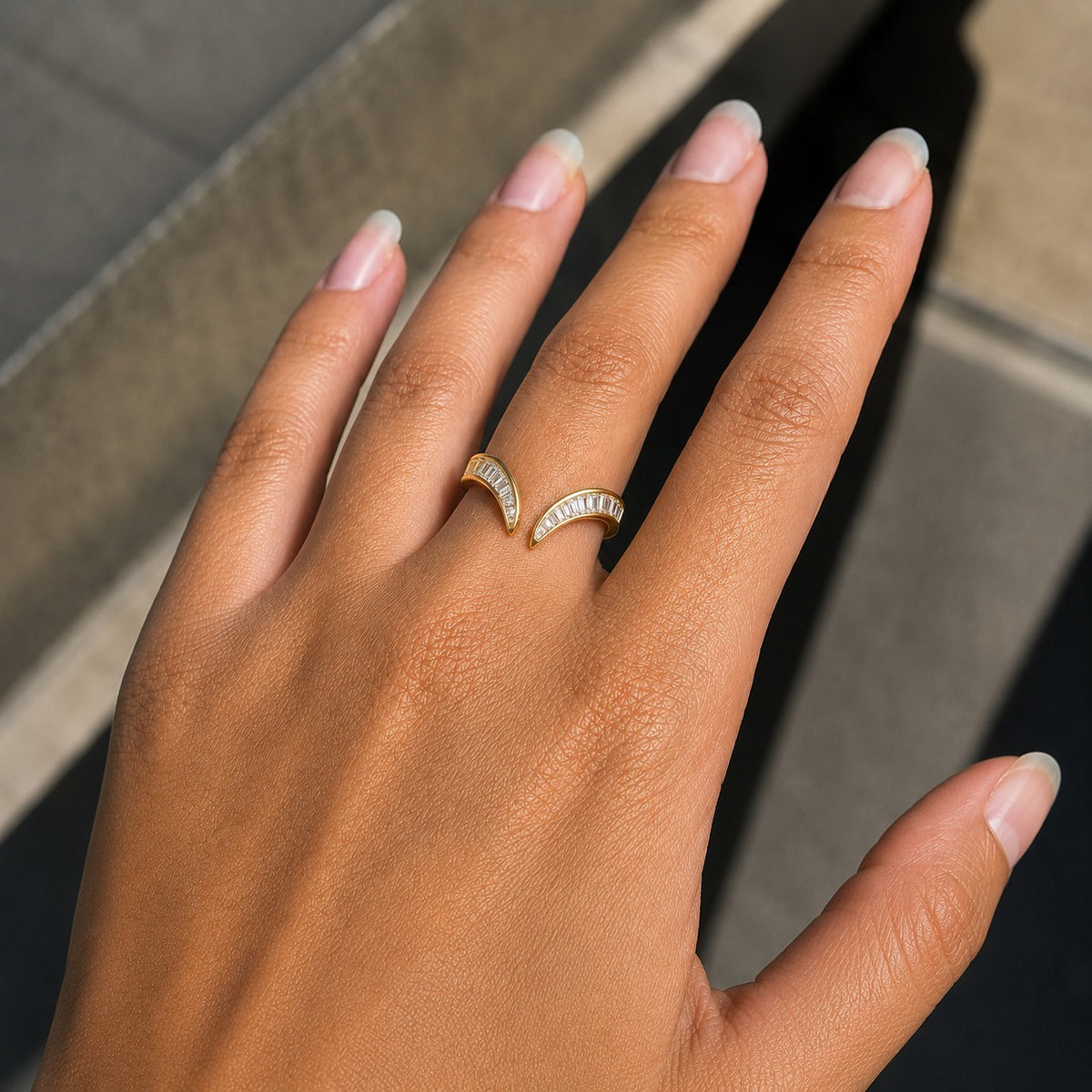 Baguette Moissanite Open Bypass Ring – Yellow Gold Curved Statement Ring in 925 Sterling Silver