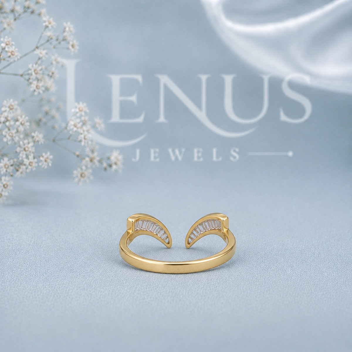 Baguette Moissanite Open Bypass Ring – Yellow Gold Curved Statement Ring in 925 Sterling Silver