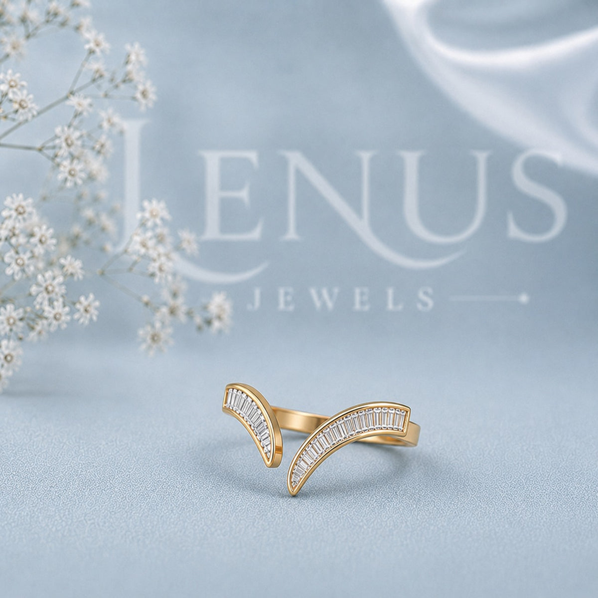 Baguette Moissanite Open Bypass Ring – Yellow Gold Curved Statement Ring in 925 Sterling Silver