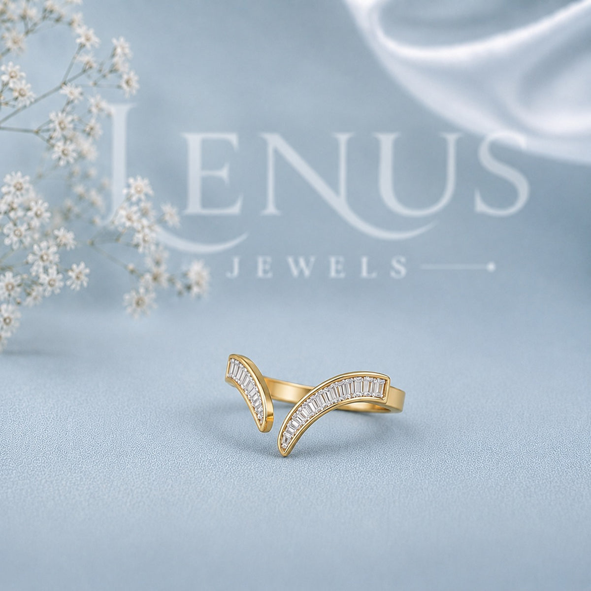 Baguette Moissanite Open Bypass Ring – Yellow Gold Curved Statement Ring in 925 Sterling Silver