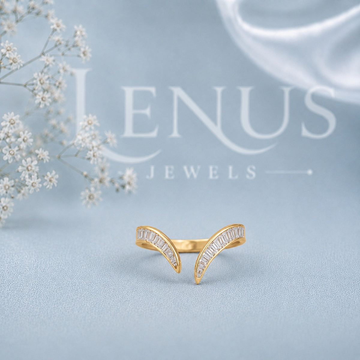Baguette Moissanite Open Bypass Ring – Yellow Gold Curved Statement Ring in 925 Sterling Silver