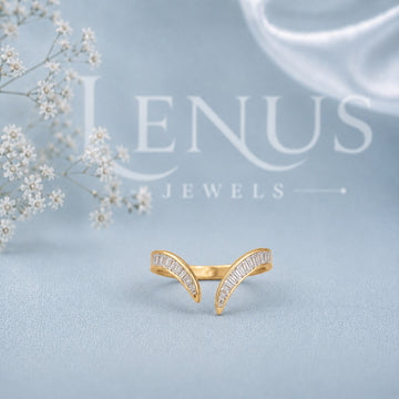 Baguette Moissanite Open Bypass Ring – Yellow Gold Curved Statement Ring in 925 Sterling Silver