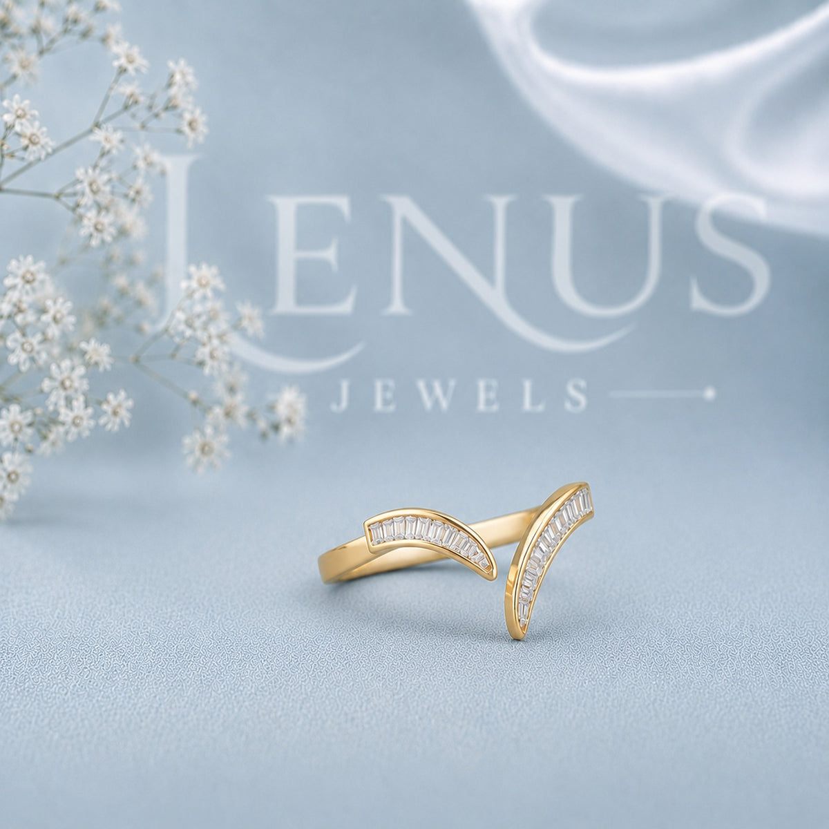 Baguette Moissanite Open Bypass Ring – Yellow Gold Curved Statement Ring in 925 Sterling Silver