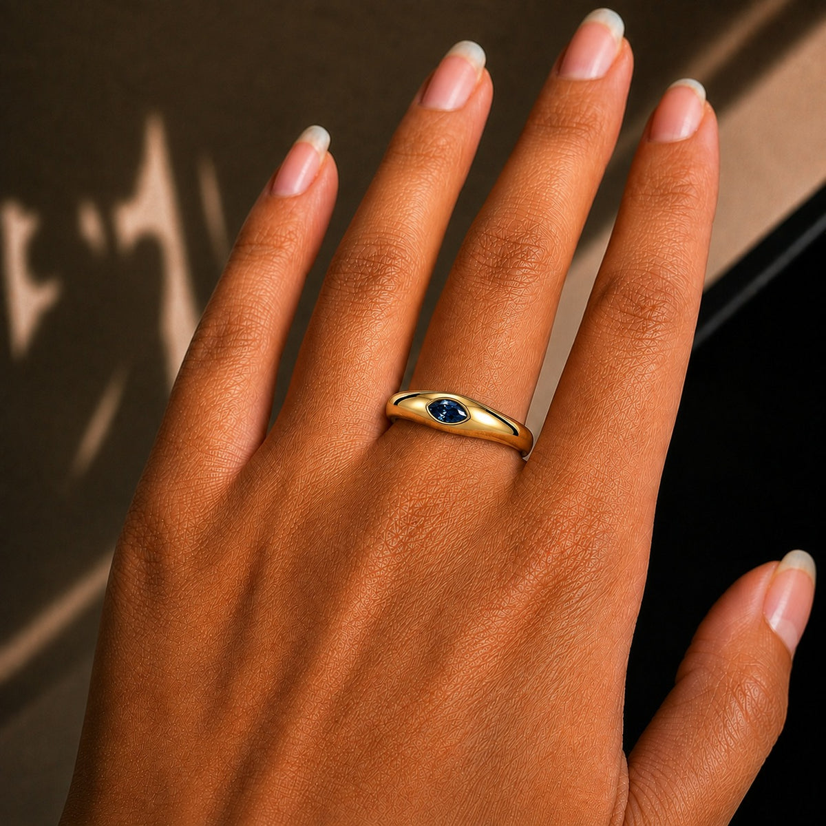 Blue Marquise Moissanite Ring – 925 Sterling Silver Yellow Gold Bezel Set Signet Band