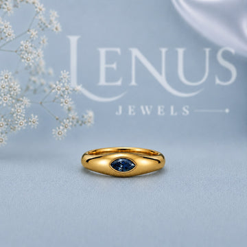Blue Marquise Moissanite Ring – 925 Sterling Silver Yellow Gold Bezel Set Signet Band