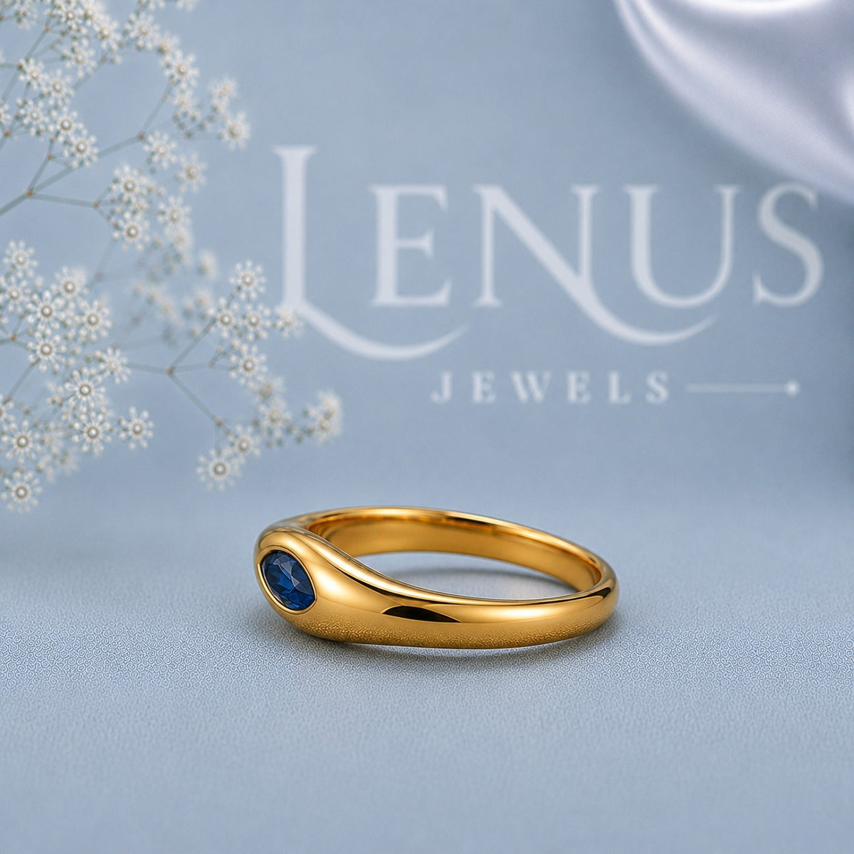 Blue Marquise Moissanite Ring – 925 Sterling Silver Yellow Gold Bezel Set Signet Band