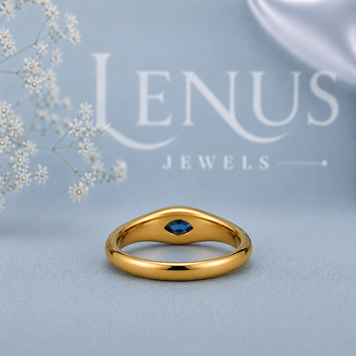 Blue Marquise Moissanite Ring – 925 Sterling Silver Yellow Gold Bezel Set Signet Band