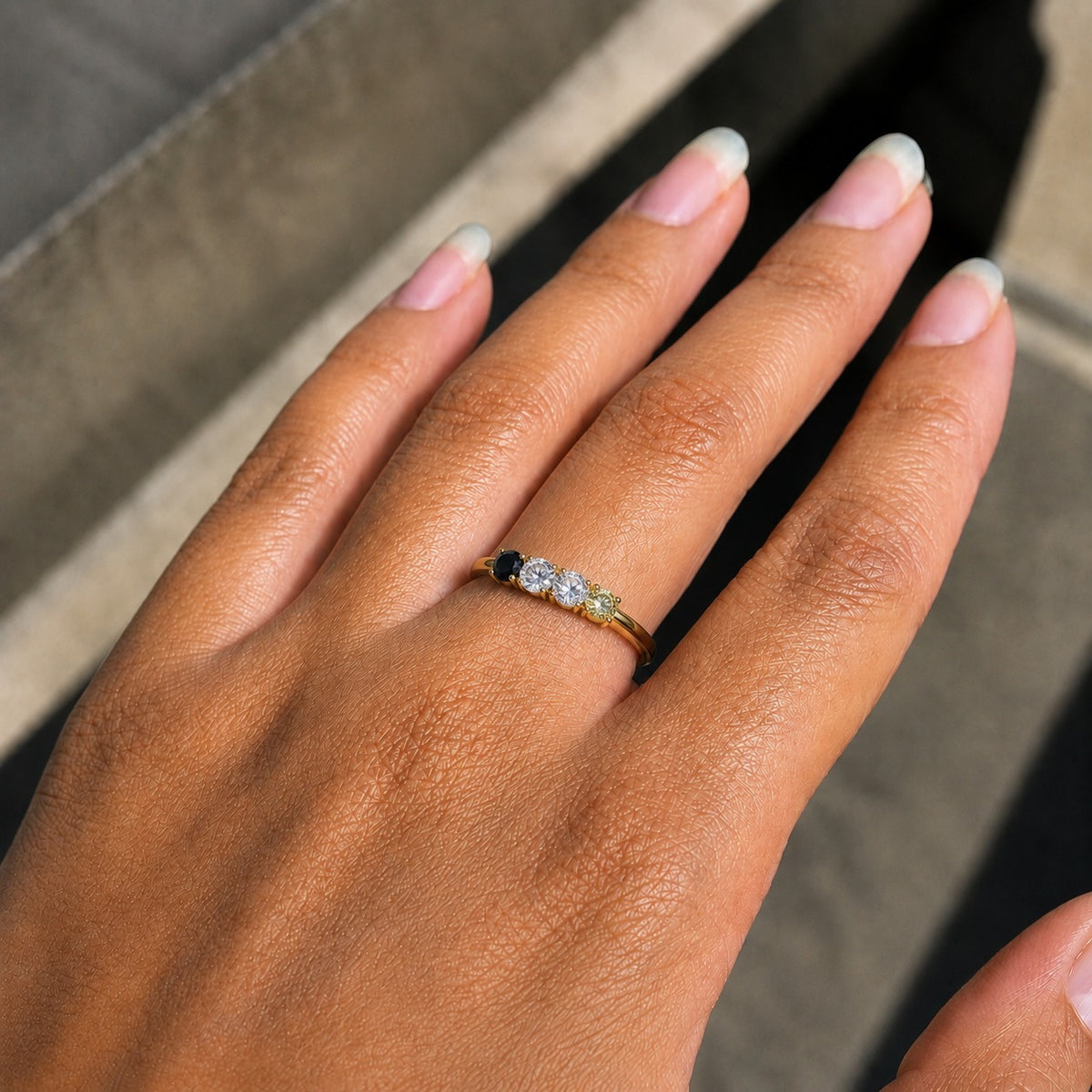 Black White & Yellow Moissanite Four-Stone Ring – Custom Family Birthstone Band in 925 Sterling Silver