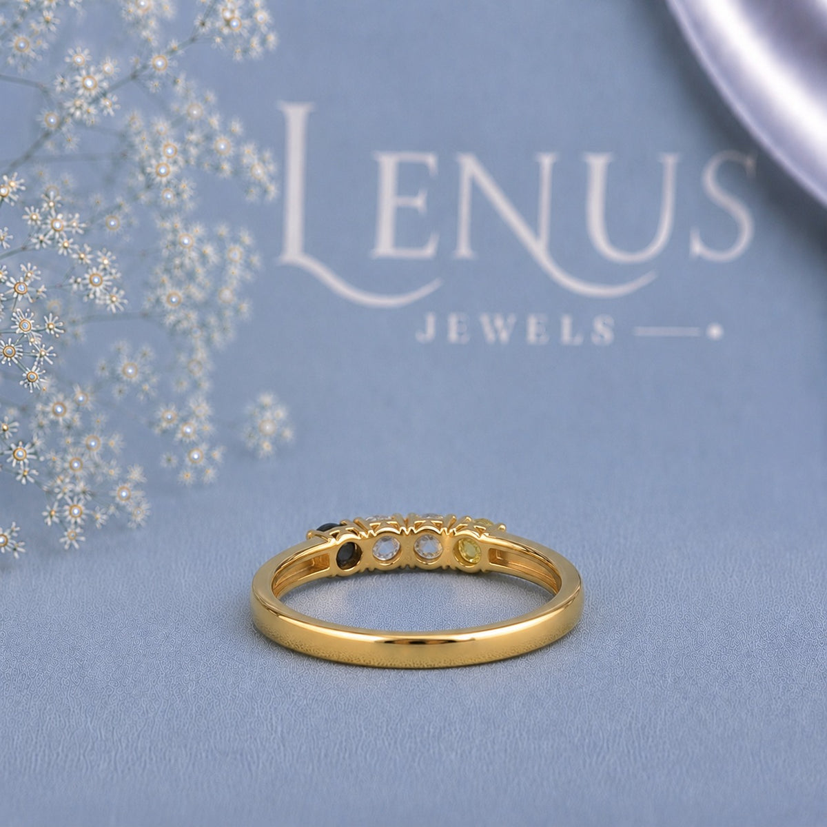 Black White & Yellow Moissanite Four-Stone Ring – Custom Family Birthstone Band in 925 Sterling Silver