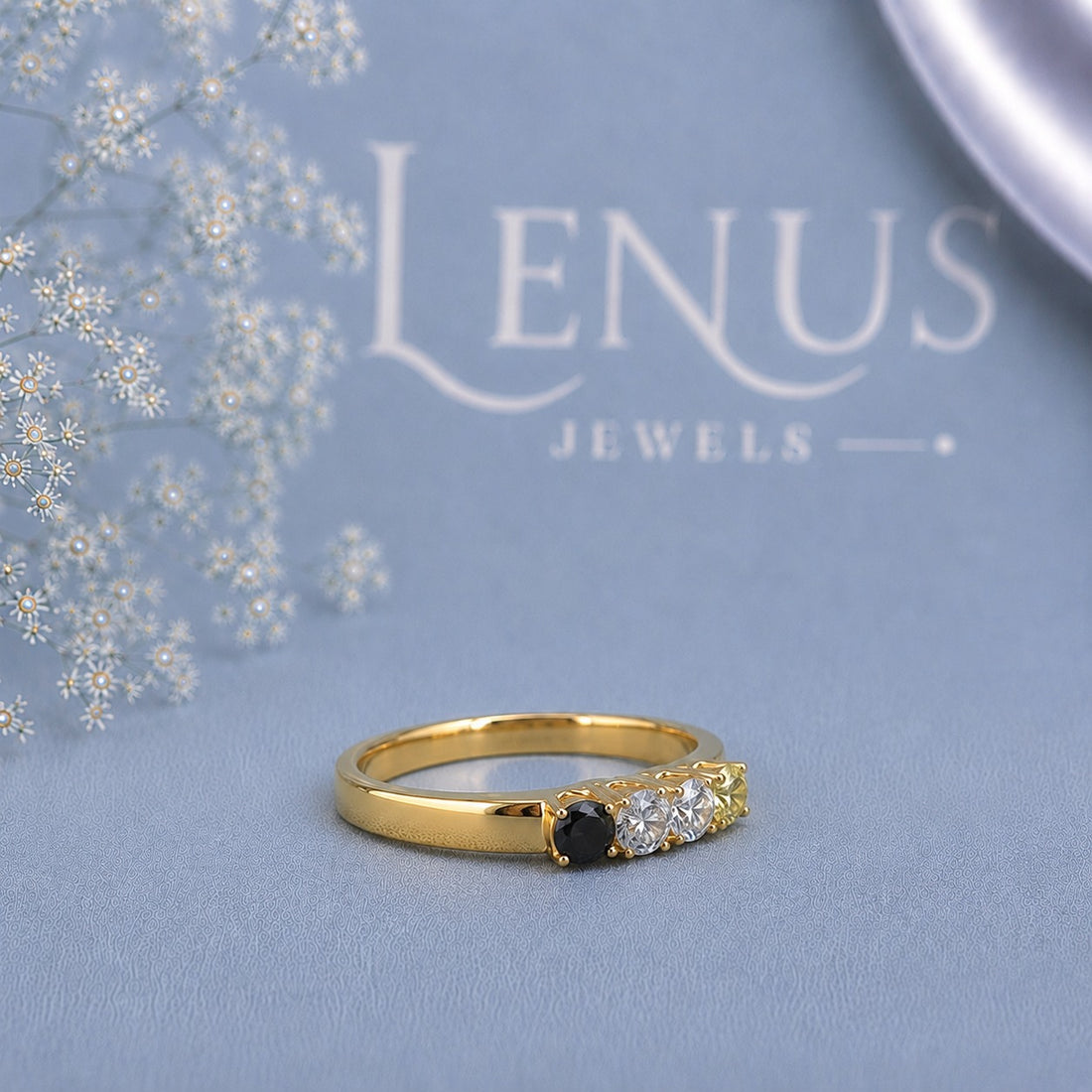 Black White & Yellow Moissanite Four-Stone Ring – Custom Family Birthstone Band in 925 Sterling Silver