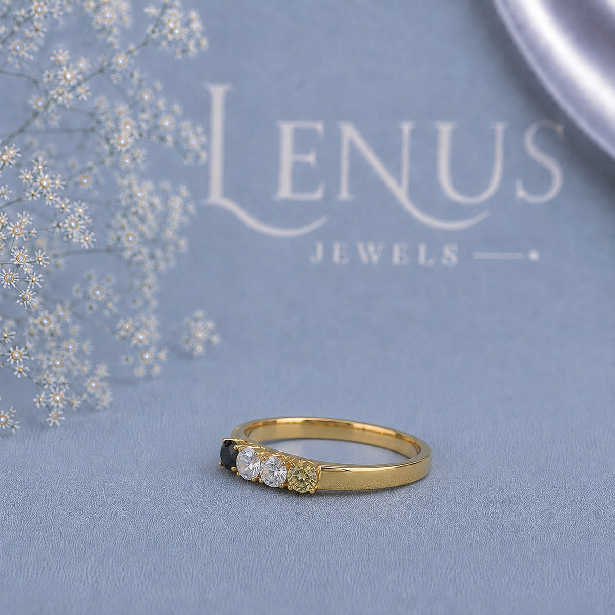 Black White & Yellow Moissanite Four-Stone Ring – Custom Family Birthstone Band in 925 Sterling Silver