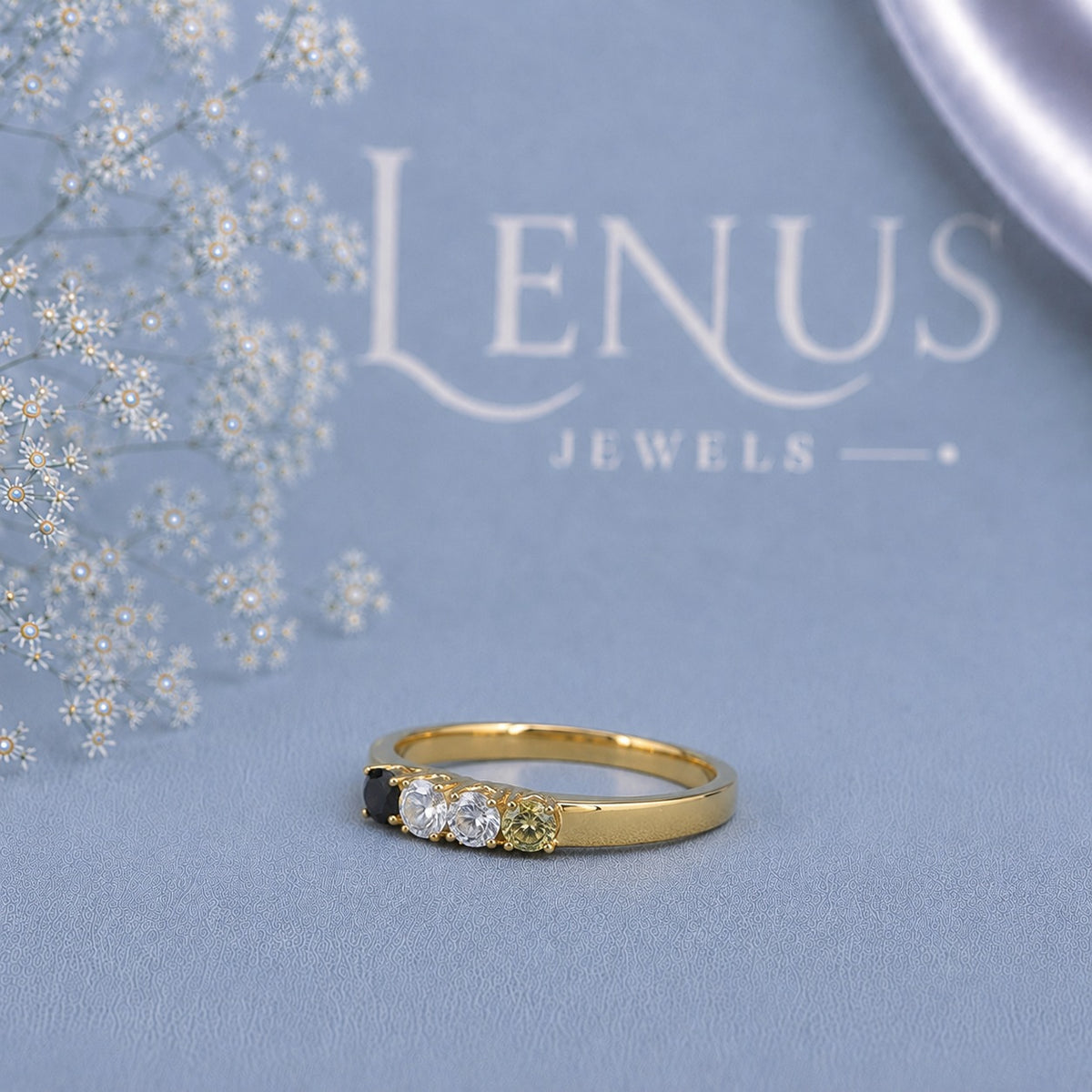 Black White & Yellow Moissanite Four-Stone Ring – Custom Family Birthstone Band in 925 Sterling Silver