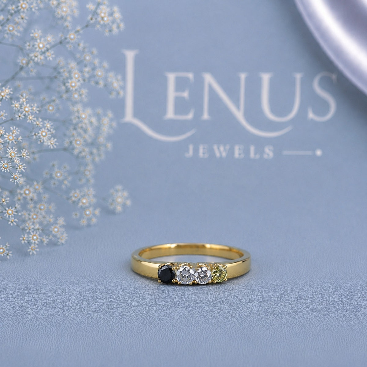 Black White & Yellow Moissanite Four-Stone Ring – Custom Family Birthstone Band in 925 Sterling Silver
