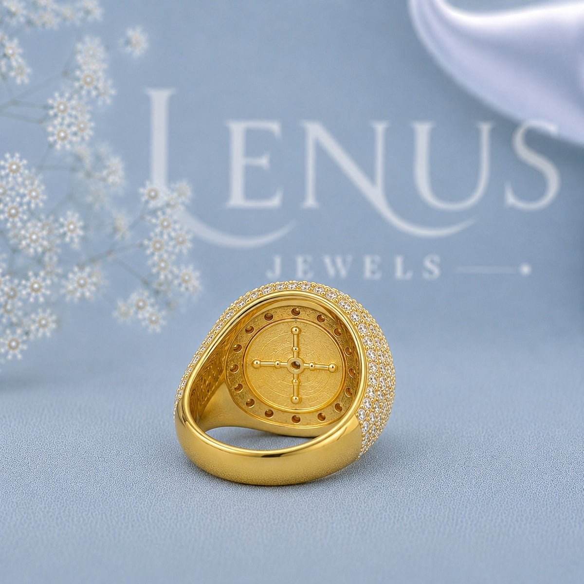 Men’s Iced Out Roulette Moissanite Ring – 925 Sterling Silver Casino Statement Ring in Yellow Gold Finish