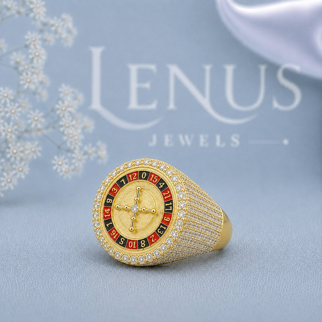 Men’s Iced Out Roulette Moissanite Ring – 925 Sterling Silver Casino Statement Ring in Yellow Gold Finish