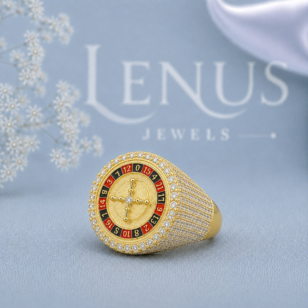 Men’s Iced Out Roulette Moissanite Ring – 925 Sterling Silver Casino Statement Ring in Yellow Gold Finish