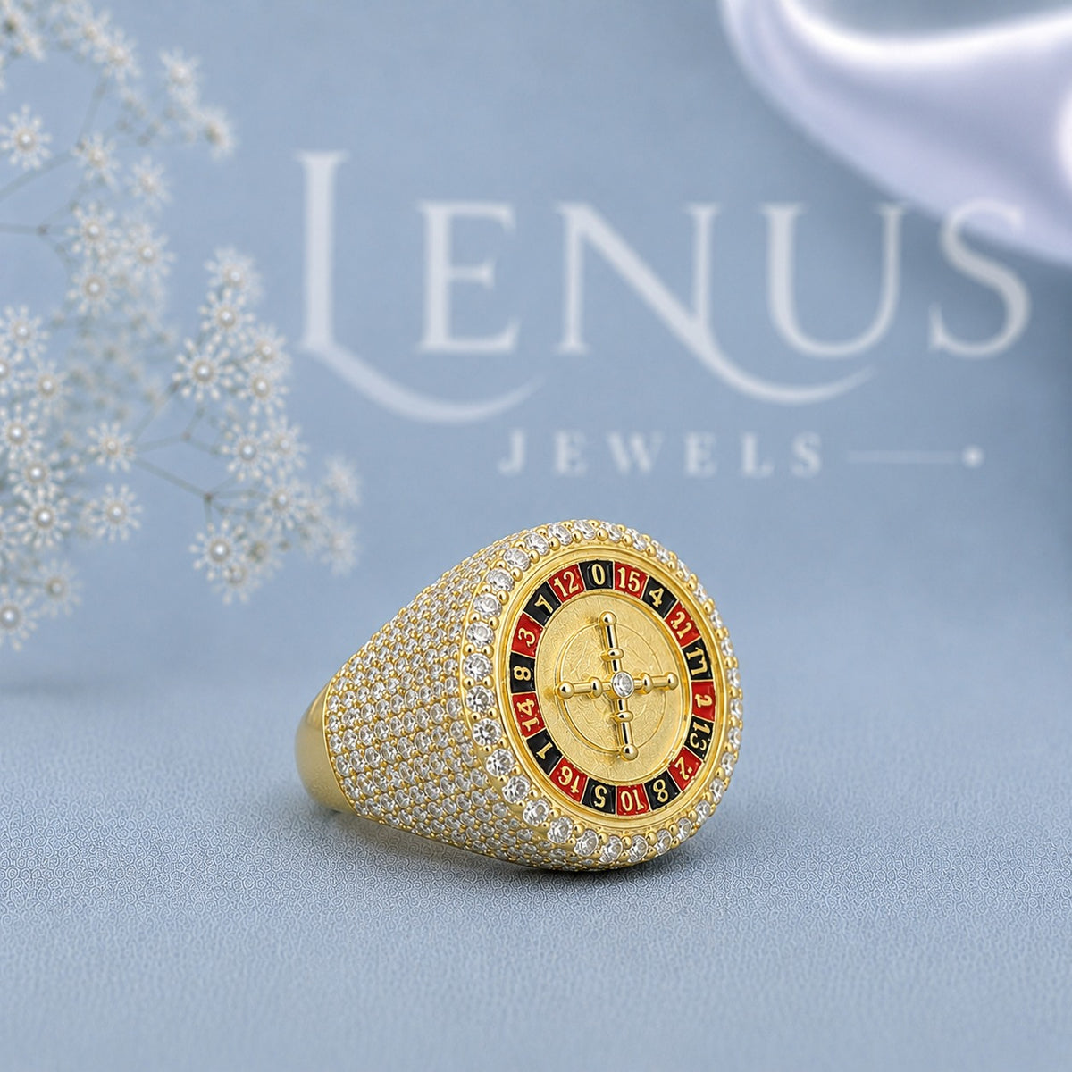 Men’s Iced Out Roulette Moissanite Ring – 925 Sterling Silver Casino Statement Ring in Yellow Gold Finish