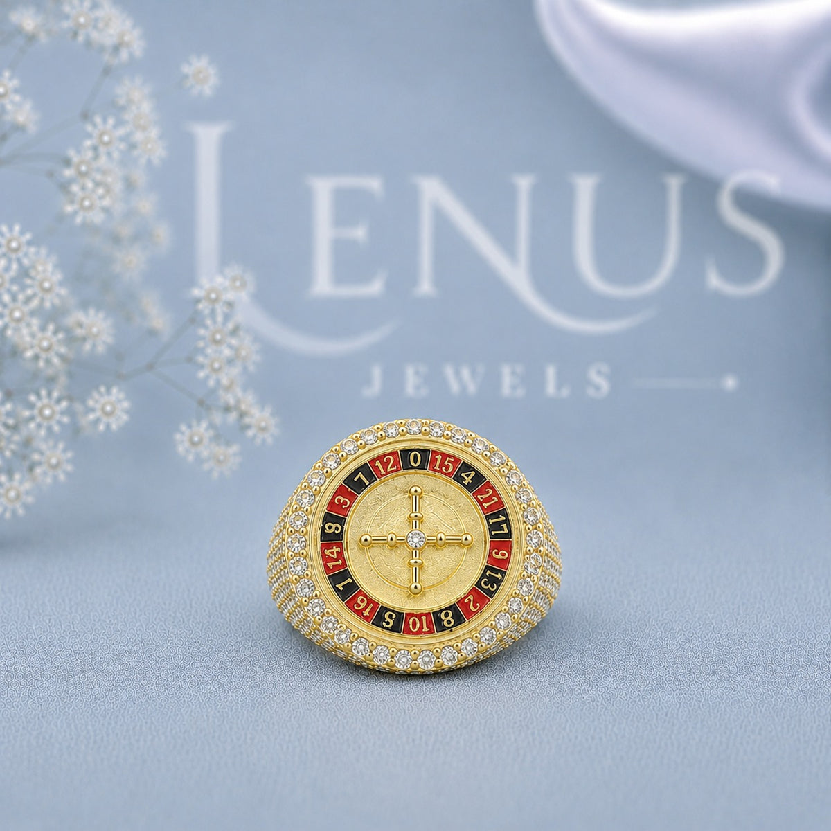 Men’s Iced Out Roulette Moissanite Ring – 925 Sterling Silver Casino Statement Ring in Yellow Gold Finish
