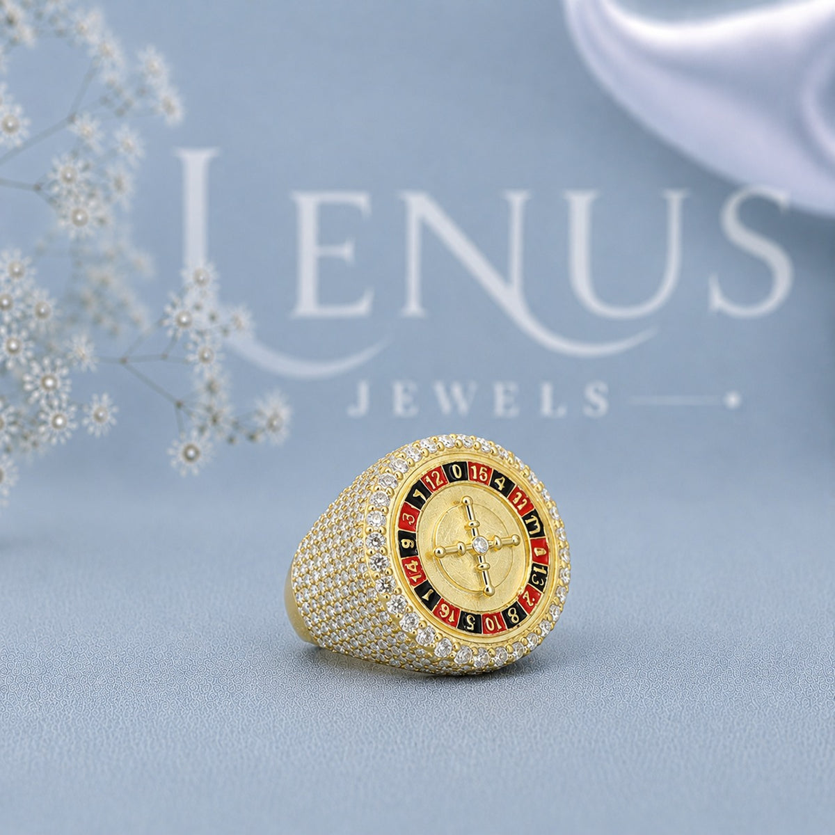 Men’s Iced Out Roulette Moissanite Ring – 925 Sterling Silver Casino Statement Ring in Yellow Gold Finish