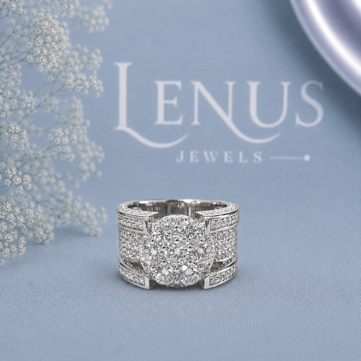 Round Cluster Moissanite Statement Ring – Wide Pavé Iced-Out Band