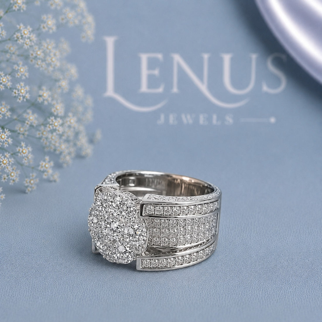 Round Cluster Moissanite Statement Ring – Wide Pavé Iced-Out Band