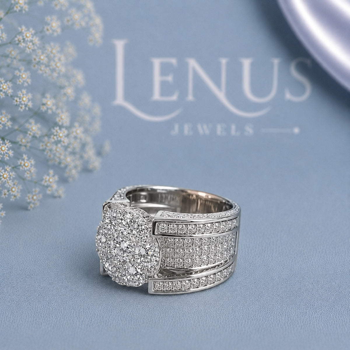 Round Cluster Moissanite Statement Ring – Wide Pavé Iced-Out Band