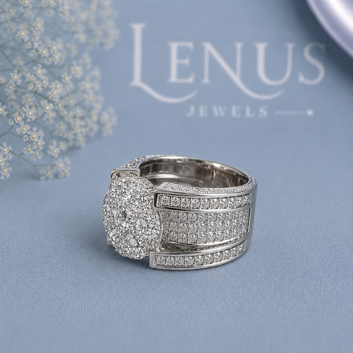 Round Cluster Moissanite Statement Ring – Wide Pavé Iced-Out Band