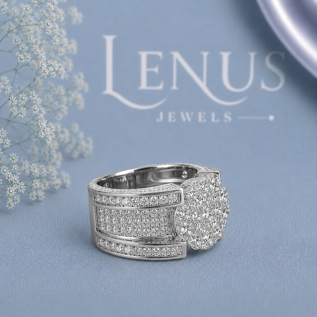Round Cluster Moissanite Statement Ring – Wide Pavé Iced-Out Band