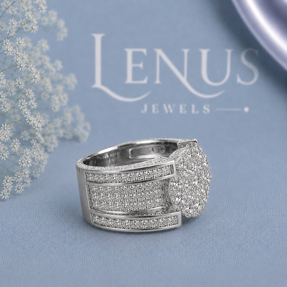 Round Cluster Moissanite Statement Ring – Wide Pavé Iced-Out Band
