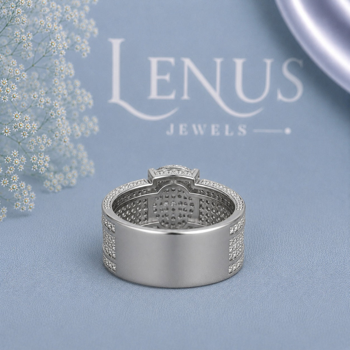 Round Cluster Moissanite Statement Ring – Wide Pavé Iced-Out Band
