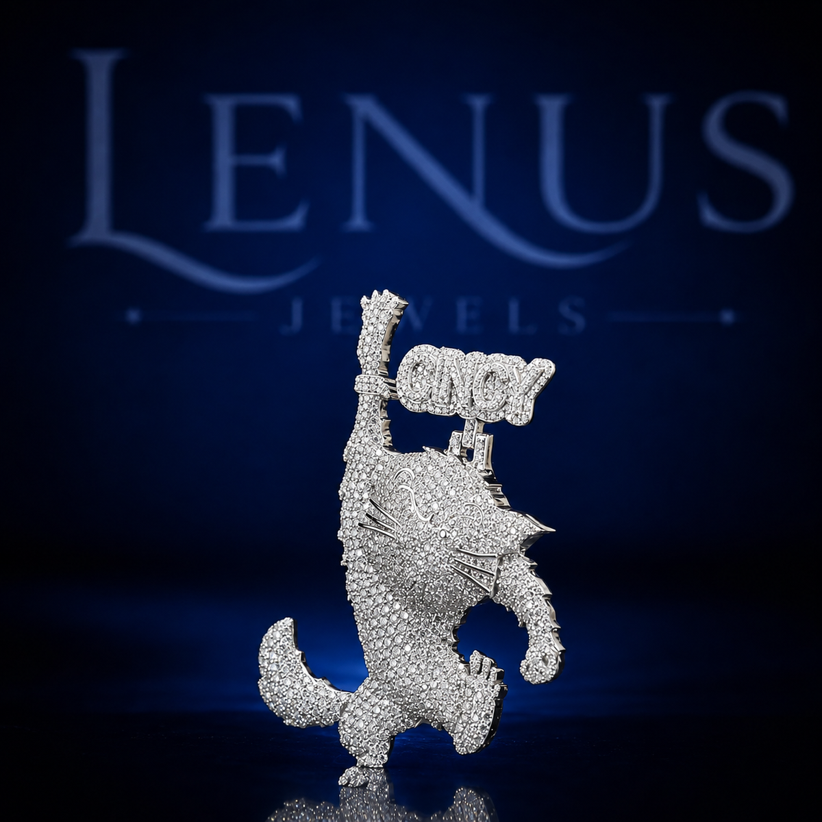 Iced Out Cat VVS Moissanite Pendant – 925 Sterling Silver 3D Cartoon Kitty Hip Hop Animal Jewelry with Custom Letter Bail