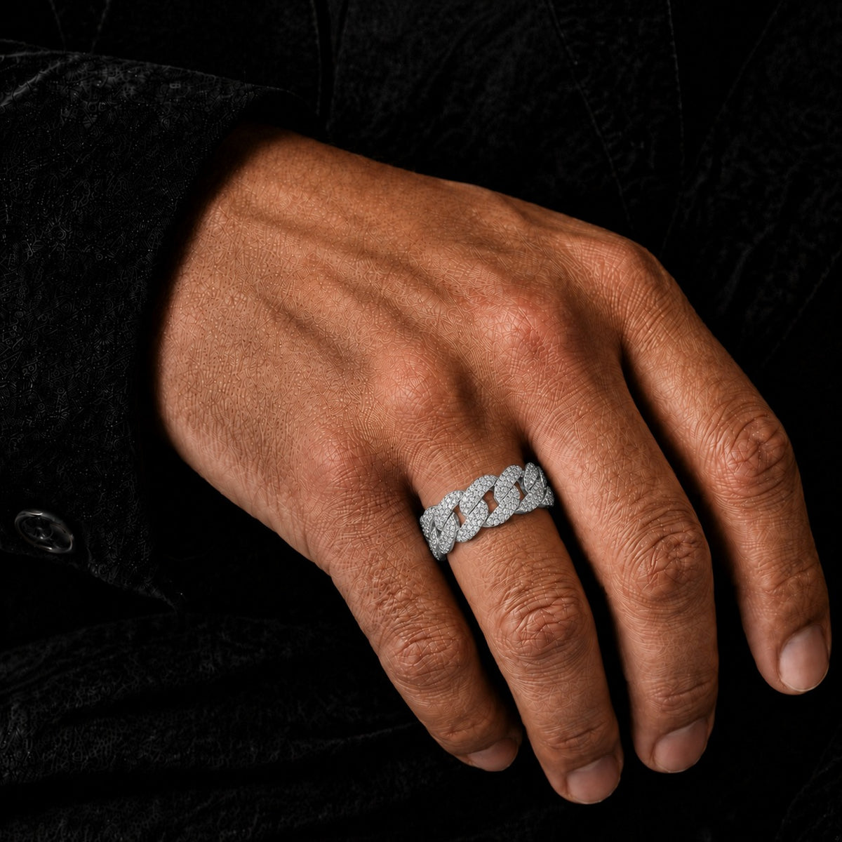 Men’s Iced-Out Cuban Link Moissanite Ring – Wide Pavé 925 Sterling Silver Statement Band