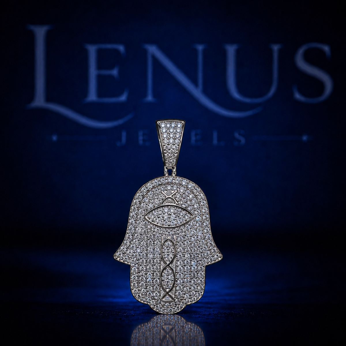 Iced Out Hamsa Hand Evil Eye VVS Moissanite Pendant – 925 Sterling Silver Protective Hand of Fatima Hip Hop Jewelry, Diamond Tester Pass