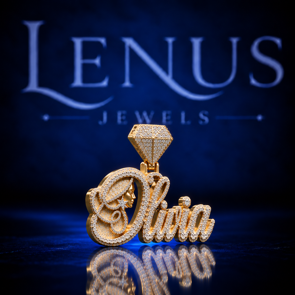 Custom Olivia Moissanite Name Pendant – VVS 925 Sterling Silver Gold Finish Iced Out Script Portrait Hip Hop Pendant