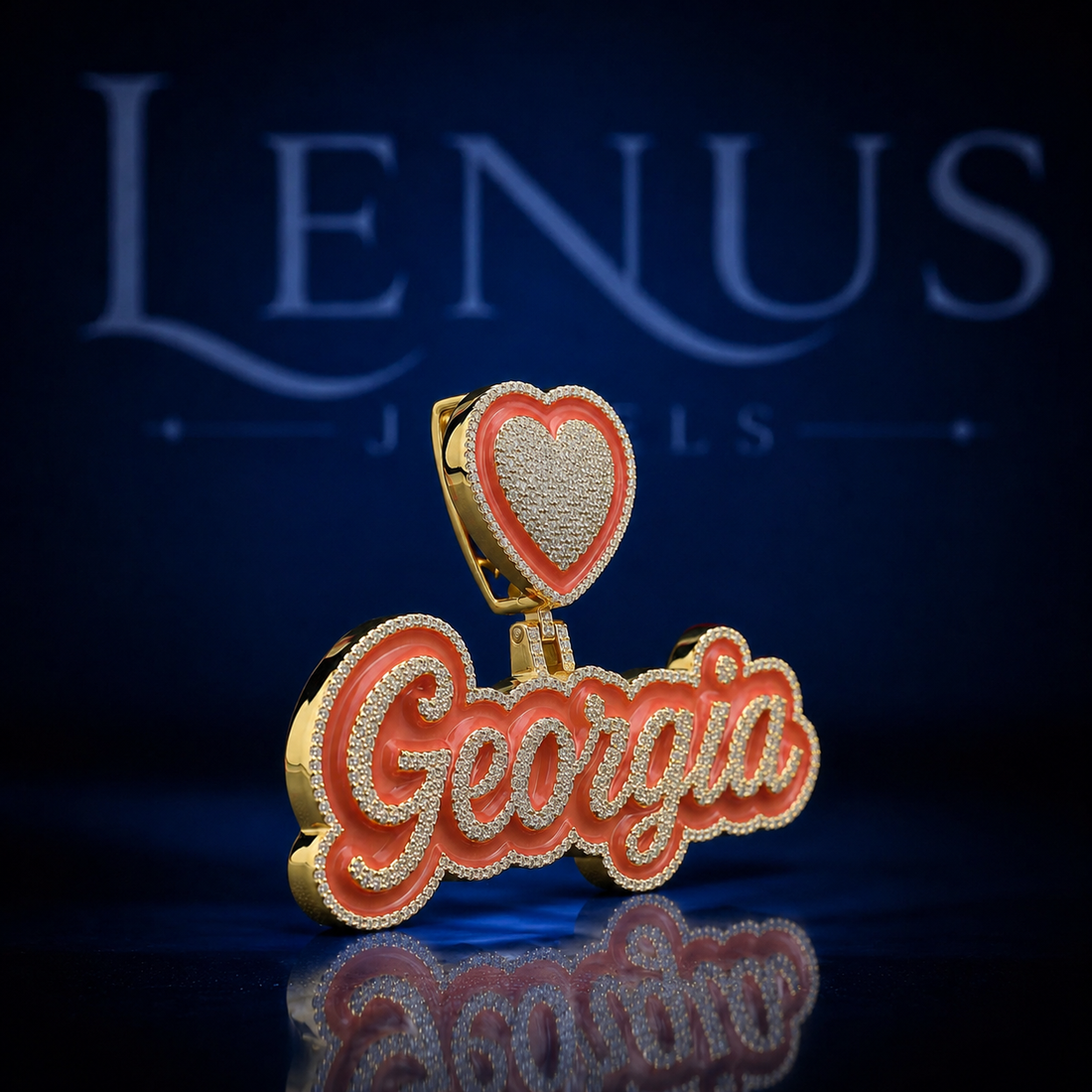 Custom Georgia Iced Out Moissanite Name Pendant – 925 Sterling Silver VVS Heart Bail Orange Enamel Hip Hop Jewelry