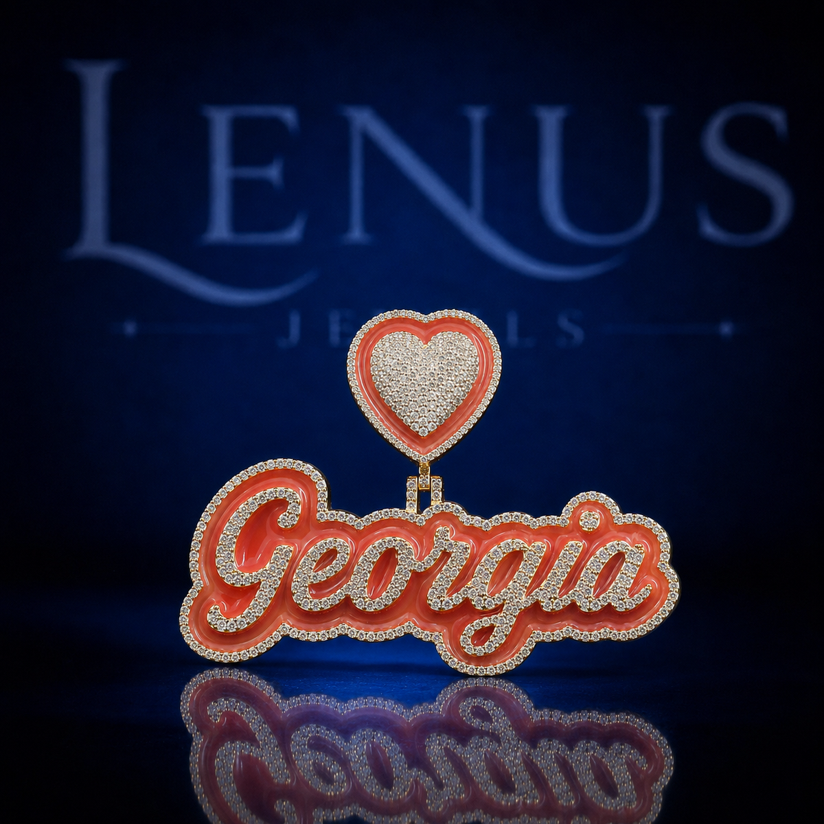 Custom Georgia Iced Out Moissanite Name Pendant – 925 Sterling Silver VVS Heart Bail Orange Enamel Hip Hop Jewelry