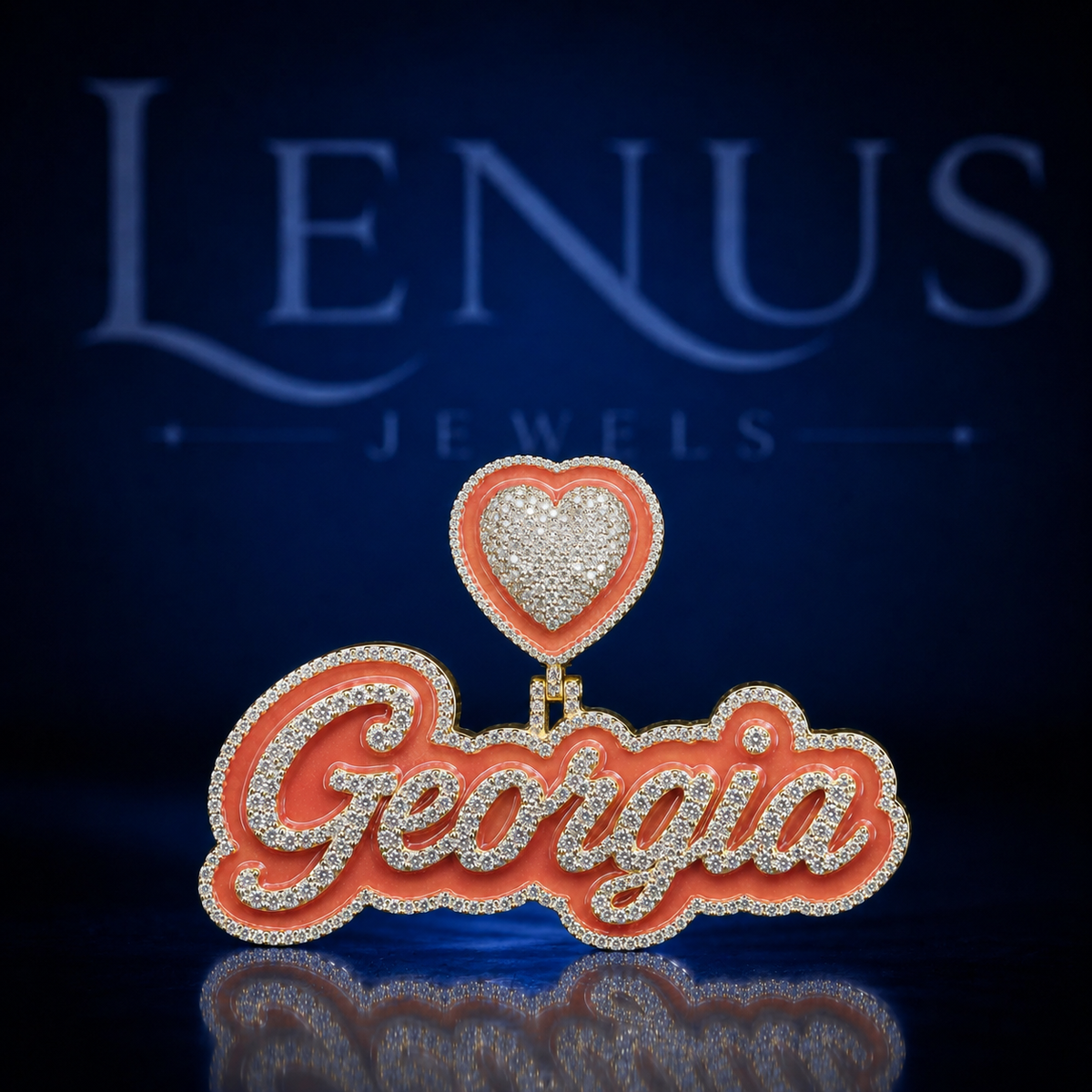 Custom Georgia Iced Out Moissanite Name Pendant – 925 Sterling Silver VVS Heart Bail Orange Enamel Hip Hop Jewelry