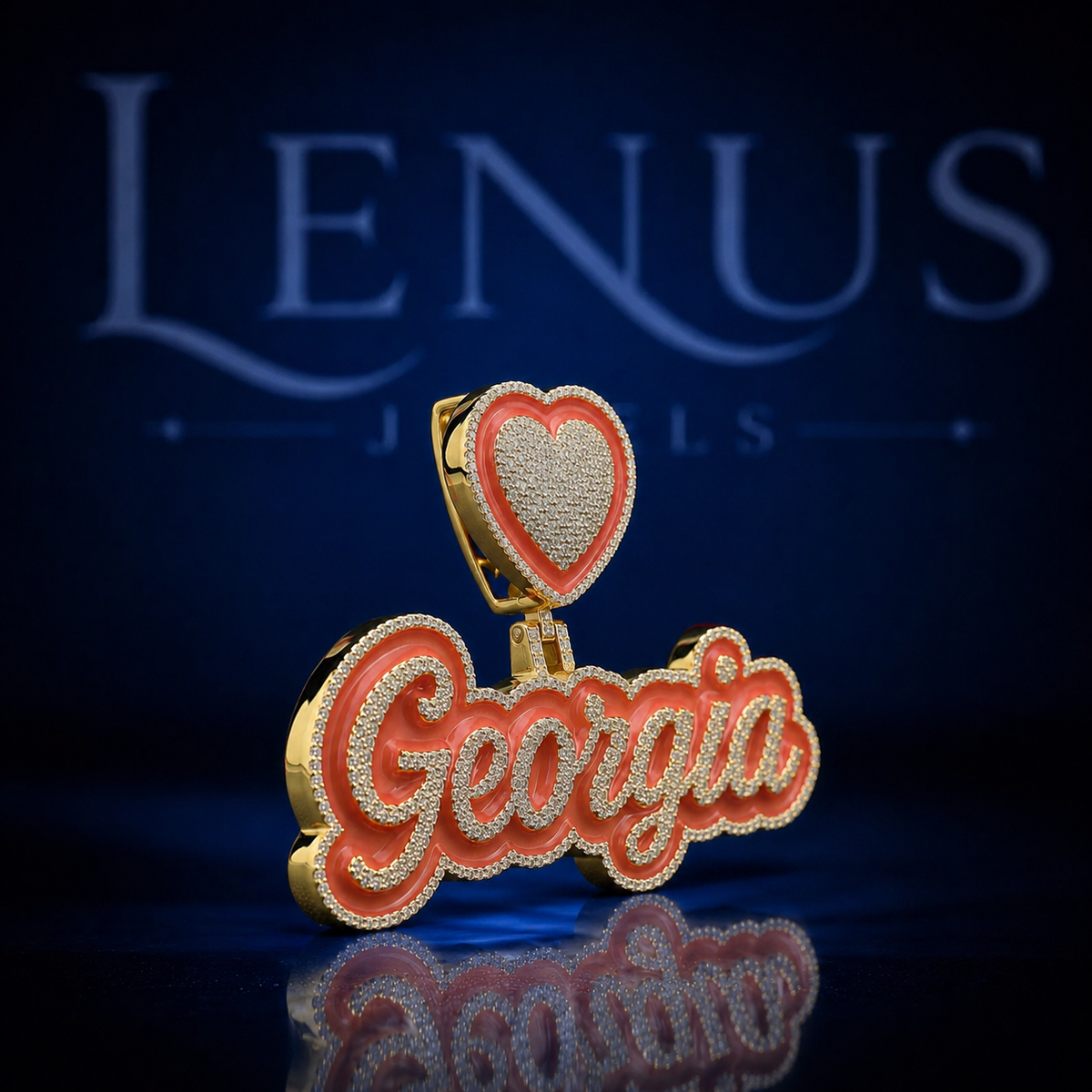 Custom Georgia Iced Out Moissanite Name Pendant – 925 Sterling Silver VVS Heart Bail Orange Enamel Hip Hop Jewelry