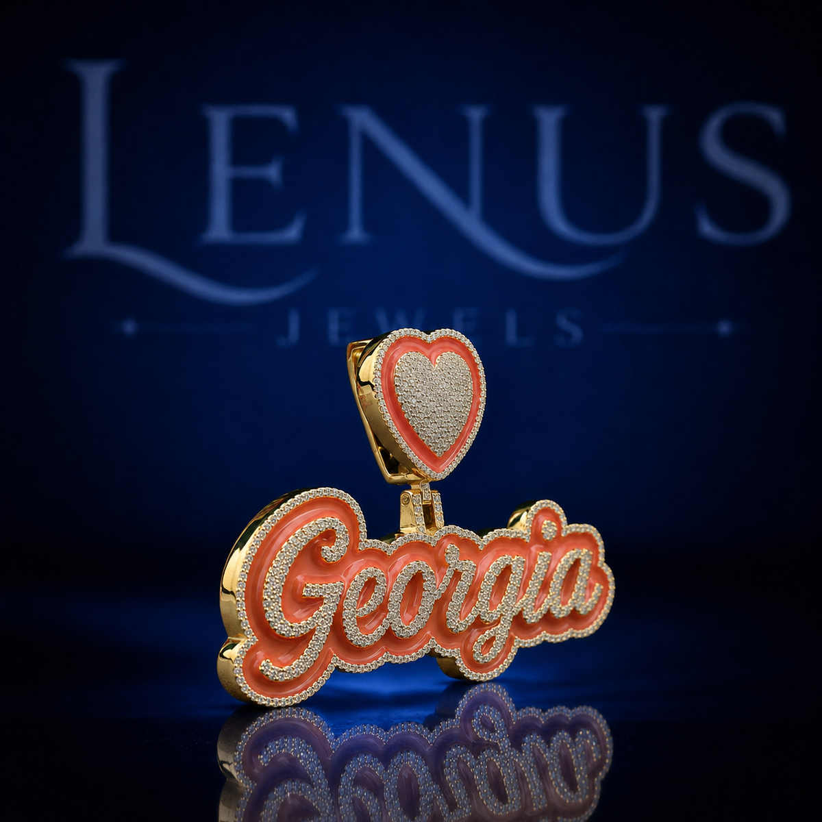 Custom Georgia Iced Out Moissanite Name Pendant – 925 Sterling Silver VVS Heart Bail Orange Enamel Hip Hop Jewelry