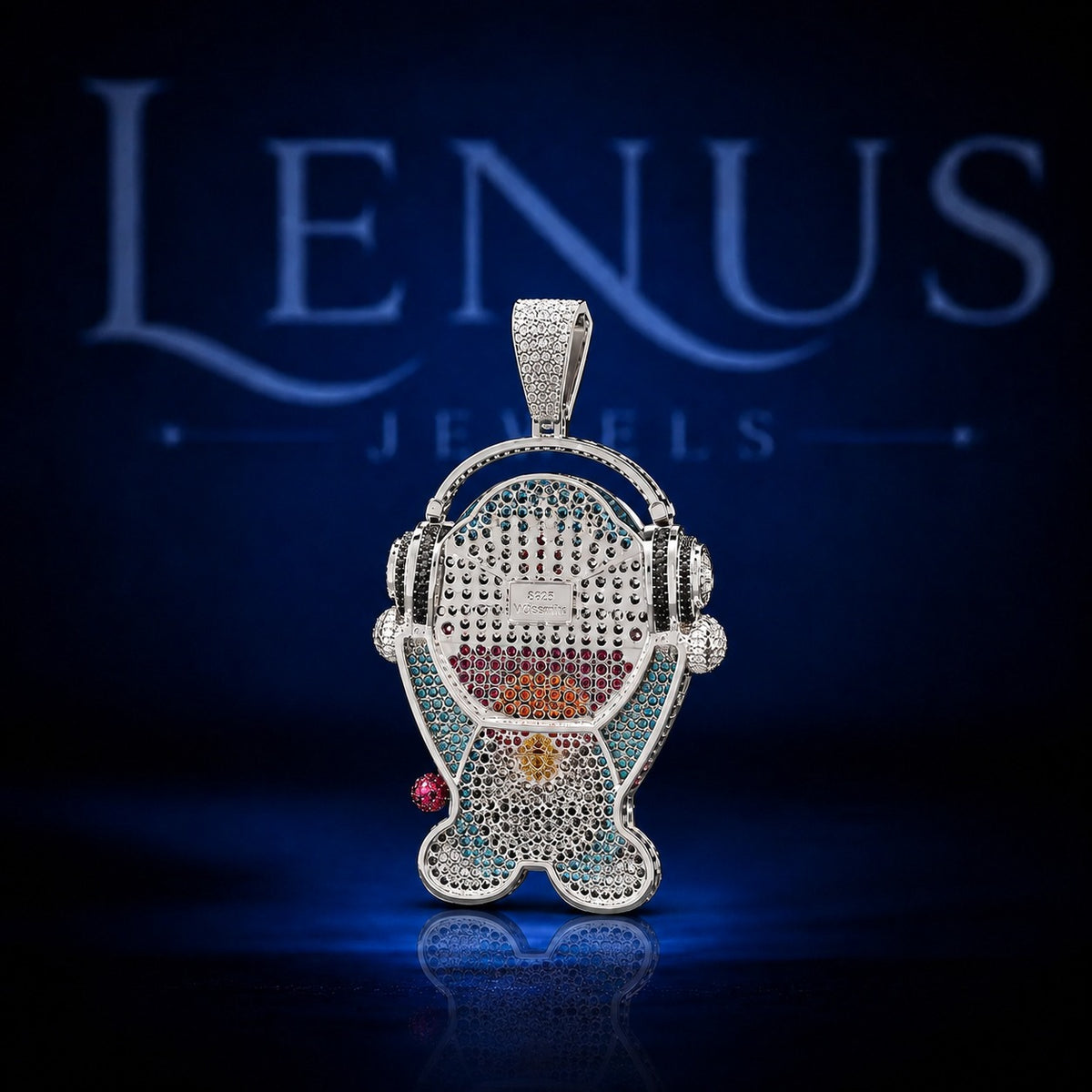 Iced Out Doraemon Moissanite Pendant with Headphones – 925 Sterling Silver VVS Colorful Cartoon Hip Hop Jewelry