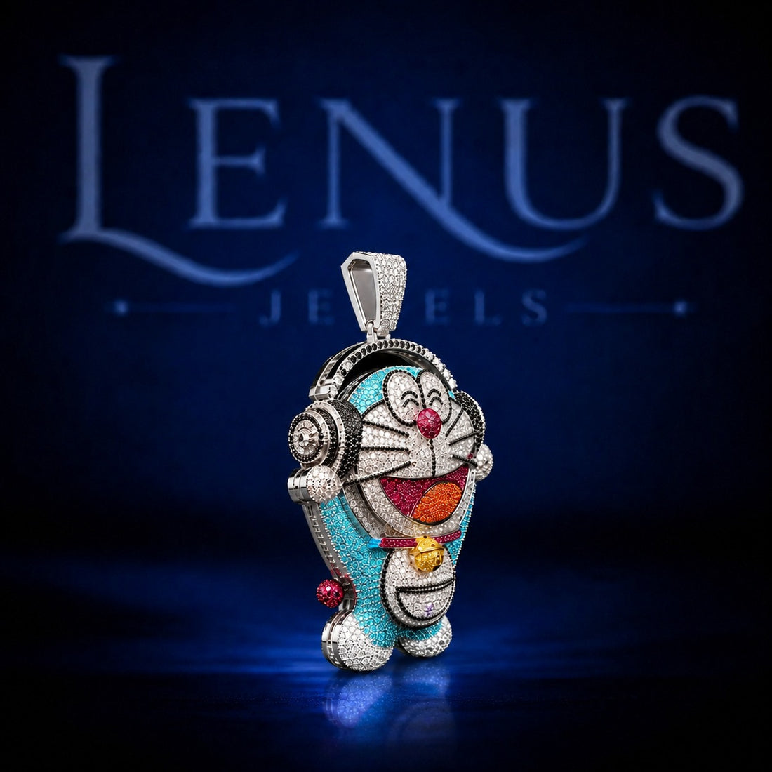 Iced Out Doraemon Moissanite Pendant with Headphones – 925 Sterling Silver VVS Colorful Cartoon Hip Hop Jewelry