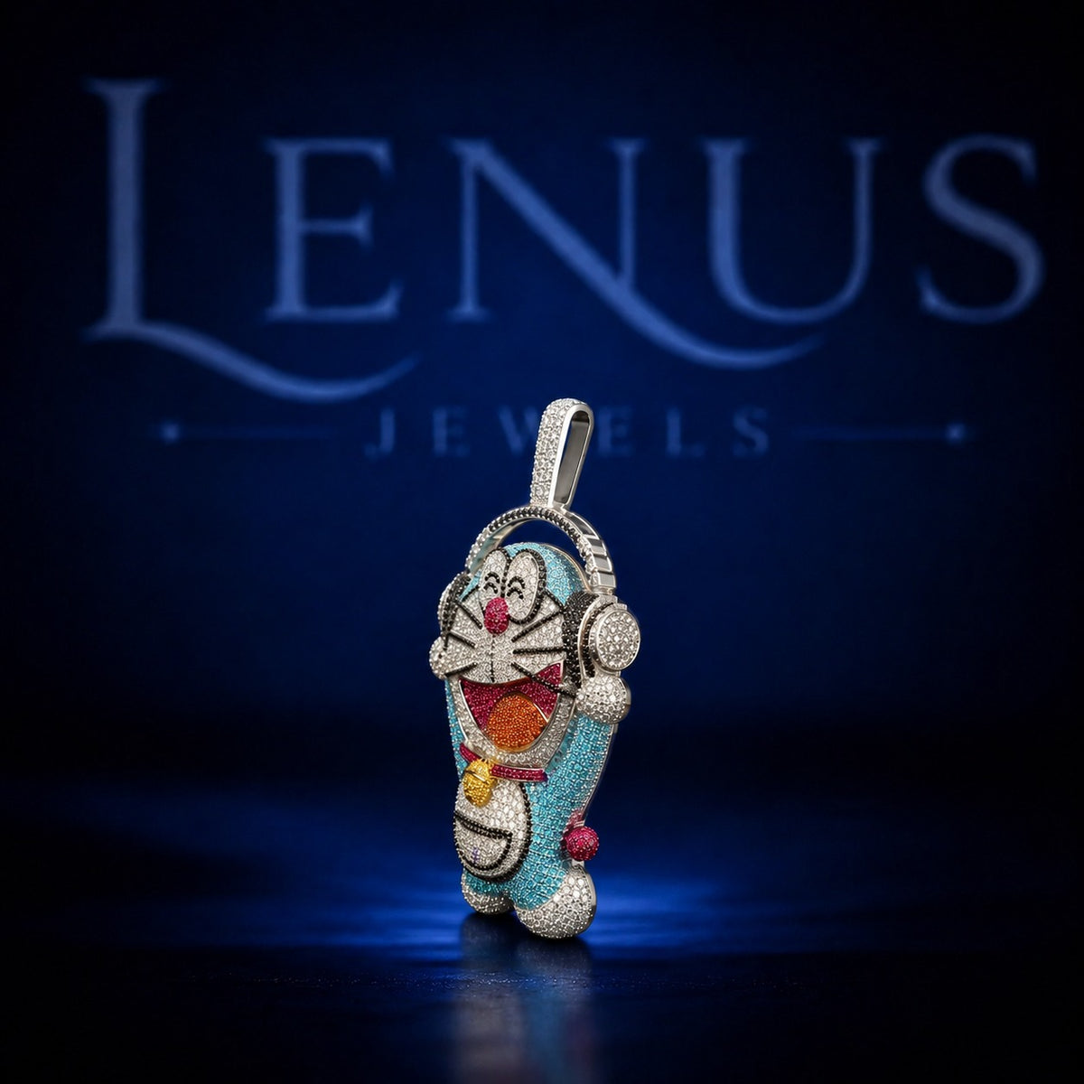 Iced Out Doraemon Moissanite Pendant with Headphones – 925 Sterling Silver VVS Colorful Cartoon Hip Hop Jewelry