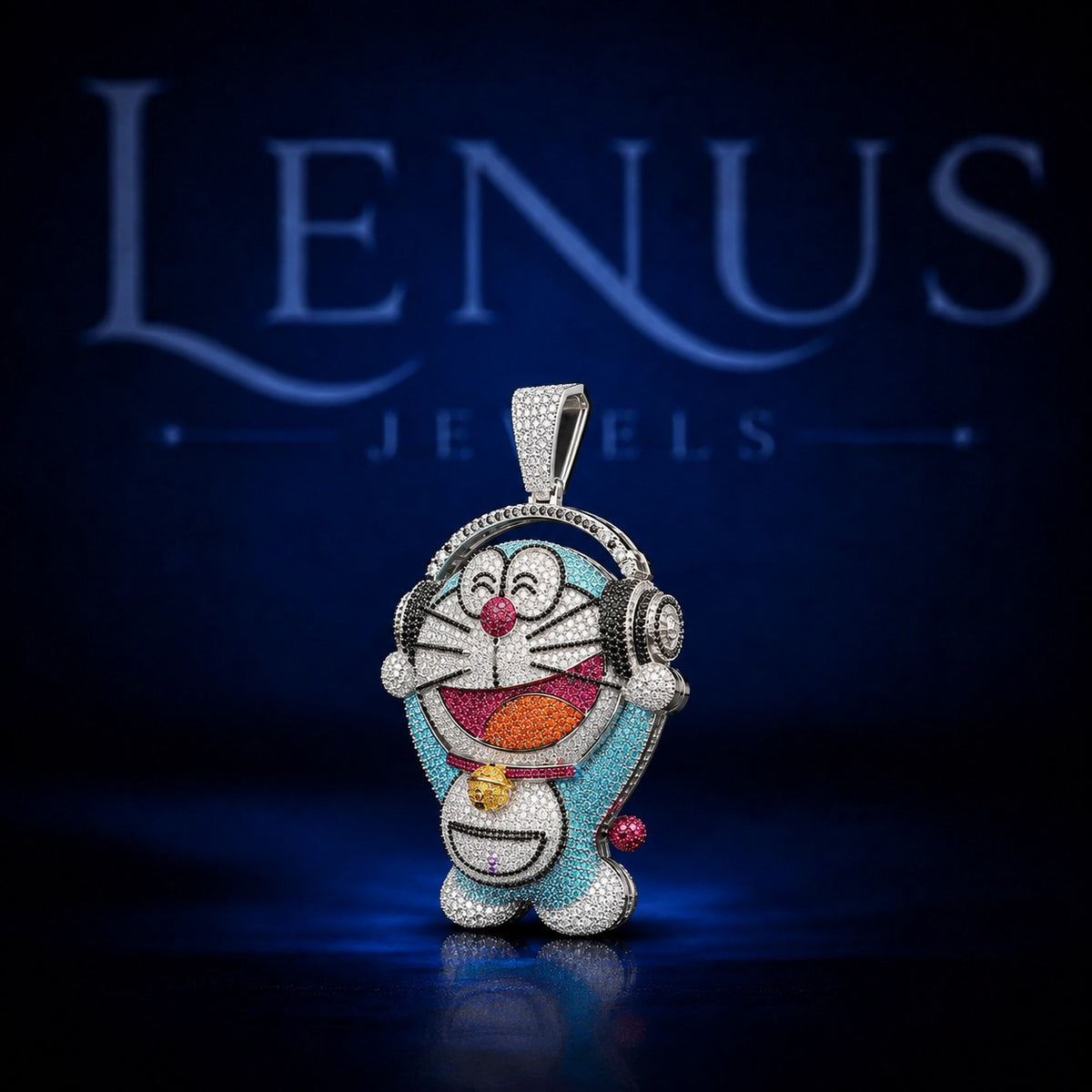 Iced Out Doraemon Moissanite Pendant with Headphones – 925 Sterling Silver VVS Colorful Cartoon Hip Hop Jewelry