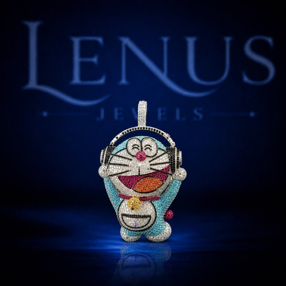 Iced Out Doraemon Moissanite Pendant with Headphones – 925 Sterling Silver VVS Colorful Cartoon Hip Hop Jewelry